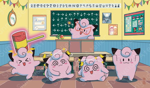 A fairy teacher writes directions on a blackboard for their fairy students to memorize and perform or else they're hit with a giant squeaky hammer. Only one student nervously remains.