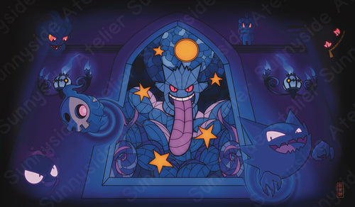 Ghost creatures amass in front of a menacing looking stained glass window at night.